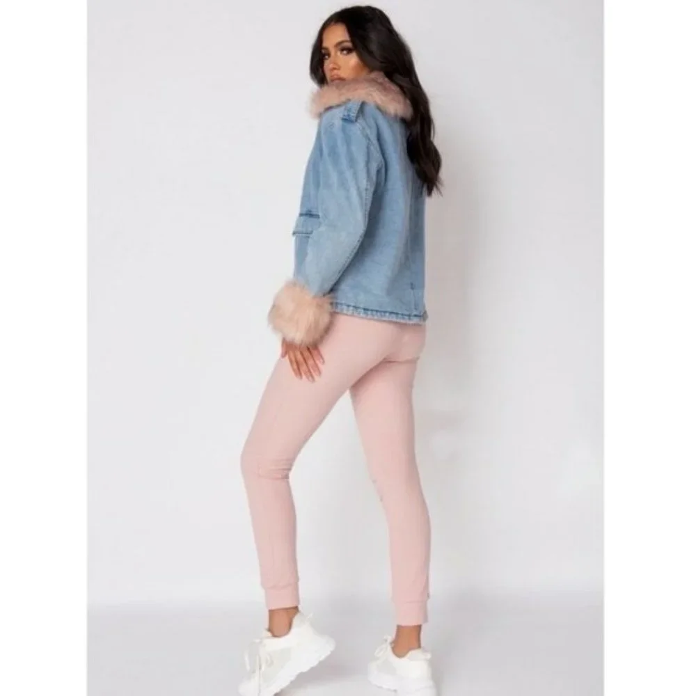 Long Sleeve Shearling Lined Denim Jeans Jacket with Detachable Fur Collar & Cuff - Picture 4 of 13